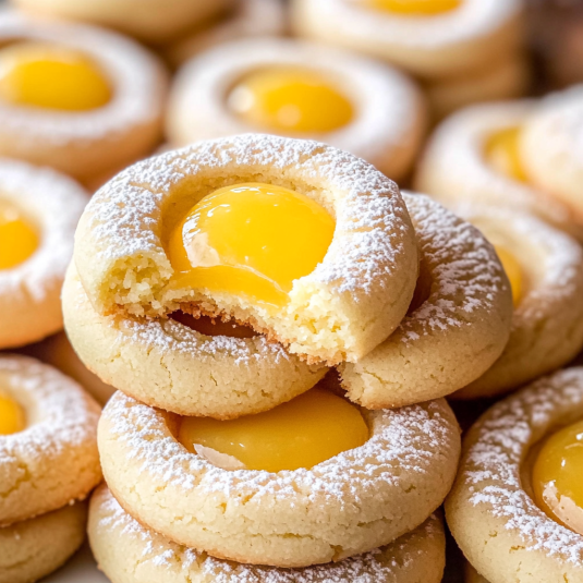 soft lemon curd cookies with powdered sugar and creamy lemon curd center