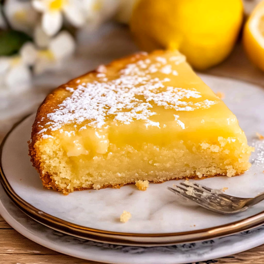 lemon gooey butter cake with creamy center and golden crust topped with powdered sugar on a plate