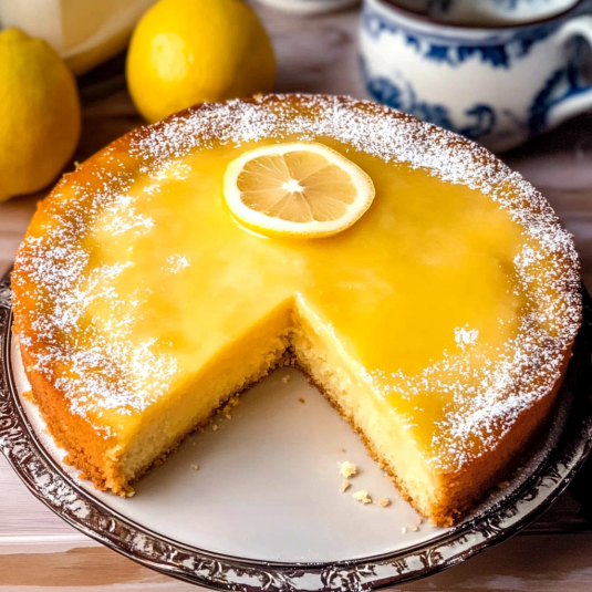 lemon gooey butter cake with creamy center and golden crust topped with powdered sugar