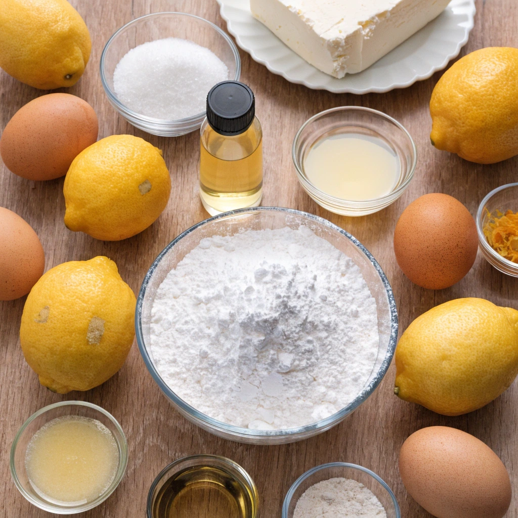 Ingredients for lemon gooey butter cake including cream cheese, powdered sugar, eggs, fresh lemons, lemon zest, and melted butter on a wooden surface