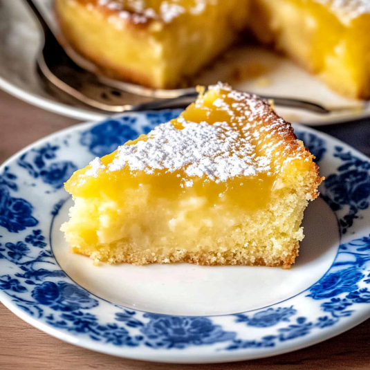 Slice of lemon gooey butter cake with creamy center and golden crust topped with powdered sugar on a plate