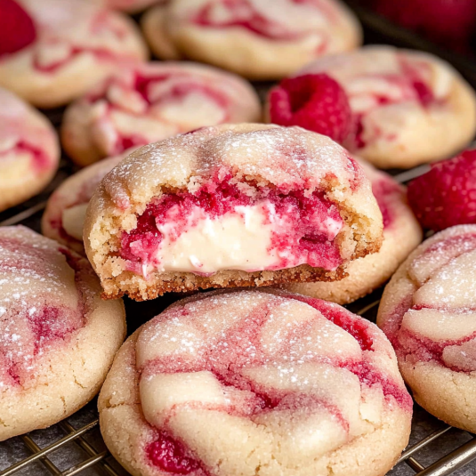 raspberry white chocolate cheesecake cookies with creamy cheesecake filling and raspberry swirl inside soft sugar cookie