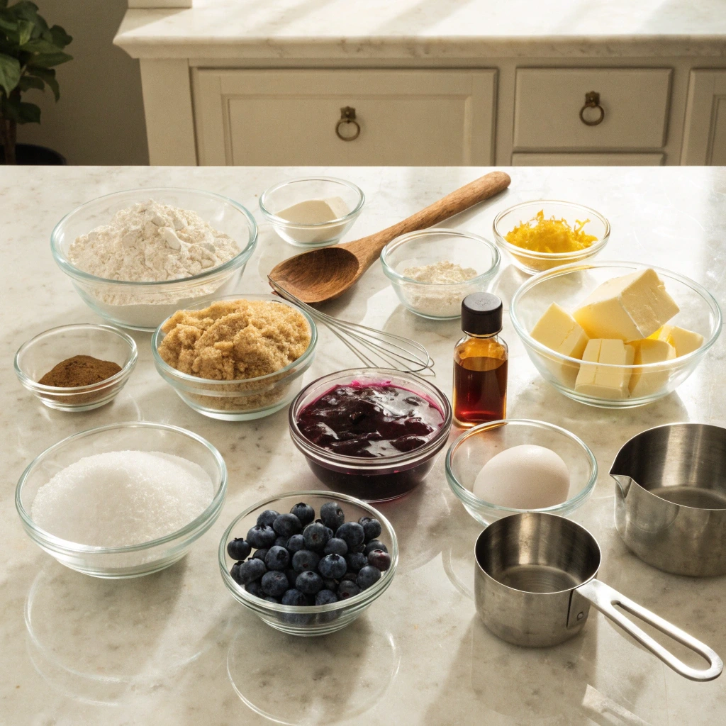 ingredients for blueberry coffee cake cookies including flour, blueberries, butter, sugar, cinnamon, lemon zest, egg, vanilla and blueberry jam