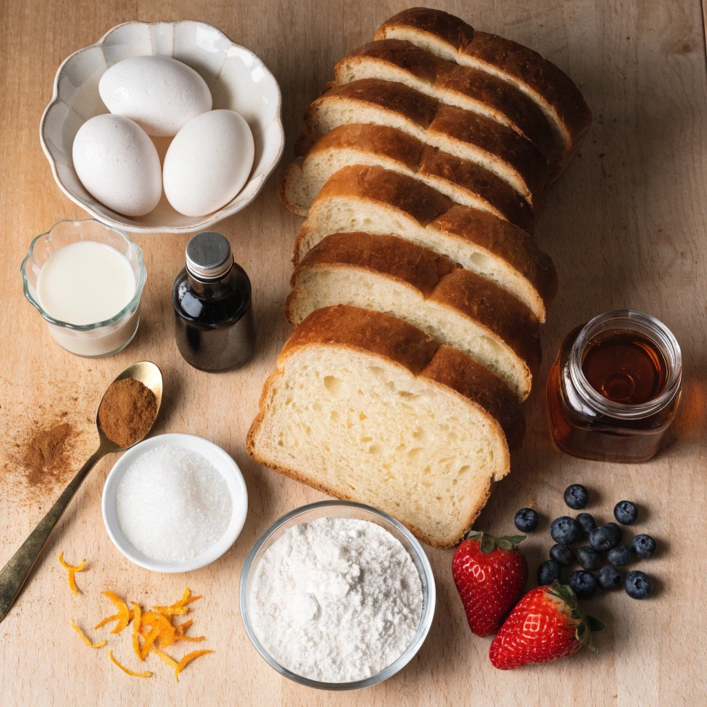 Top view of French toast ingredients with brioche bread eggs milk cinnamon vanilla flour and fresh berries