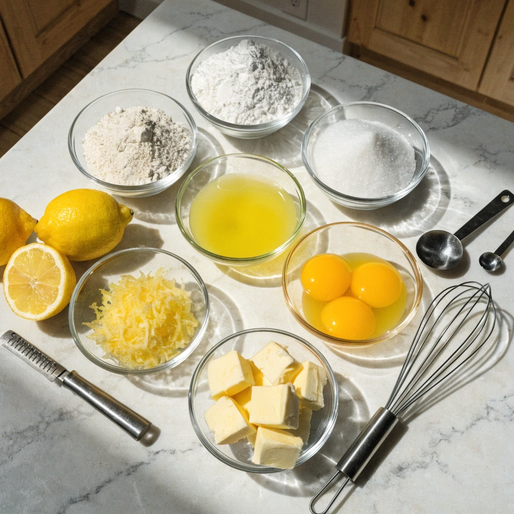 ingredients for lemon curd cookies including flour, sugar, egg yolks, butter, fresh lemon juice and lemon zest