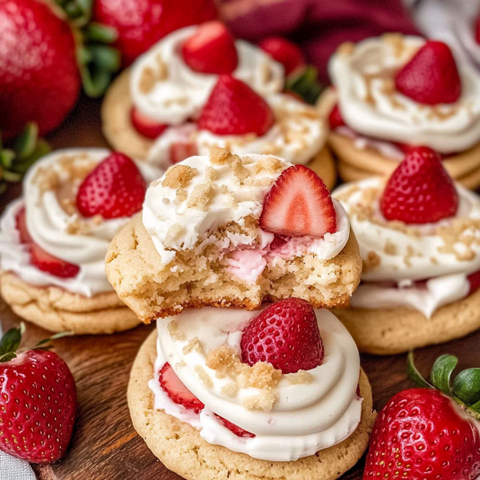 Soft strawberry shortcake cookies topped with cream cheese frosting, fresh strawberries, and crumble topping on a wooden surface