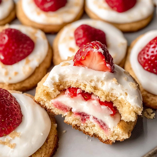 strawberry shortcake cookies topped with cream cheese frosting, fresh strawberries,