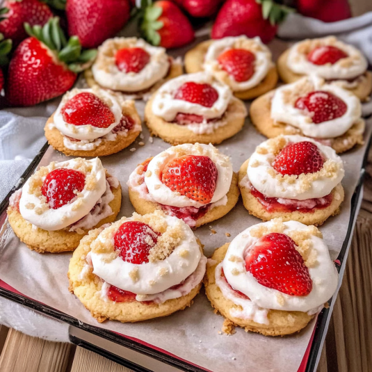 strawberry shortcake cookies topped with cream cheese frosting, fresh strawberries