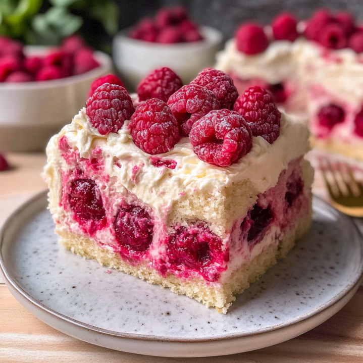 Moist white chocolate raspberry cake slice topped with fresh raspberries and creamy frosting on a plate.