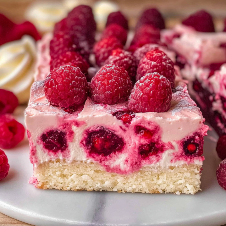 Close-up of white chocolate raspberry cake with creamy frosting and fresh raspberries on top.