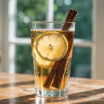 Glass of lemon and cinnamon detox drink with warm water for weight loss and metabolism support