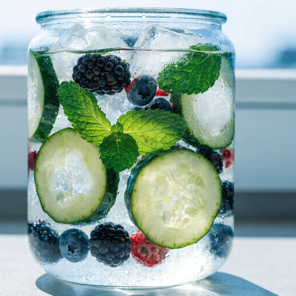 Jar of detox water with cucumber slices, mint leaves, and mixed berries for hydration and clear skin