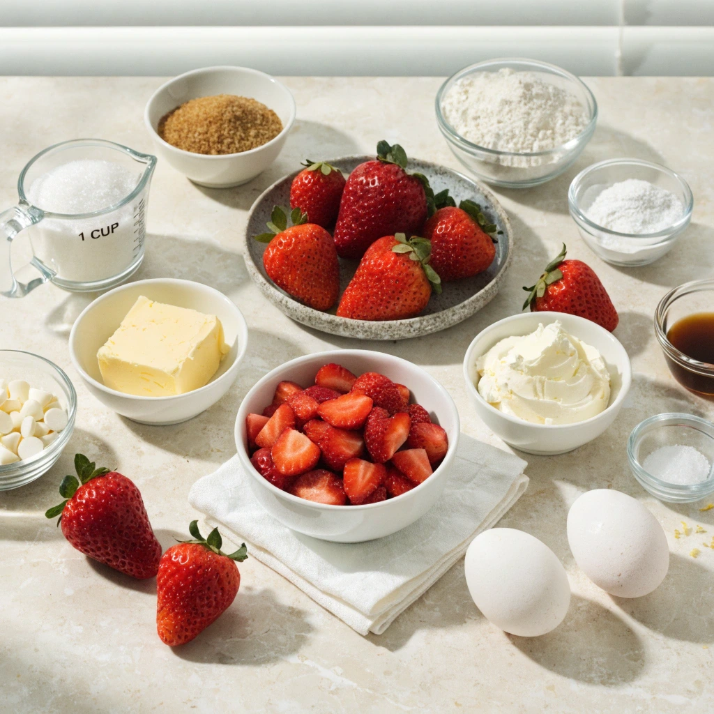 Fresh ingredients for strawberry shortcake cookies including strawberries, cream cheese, butter, sugar, eggs, and flour on a kitchen counter