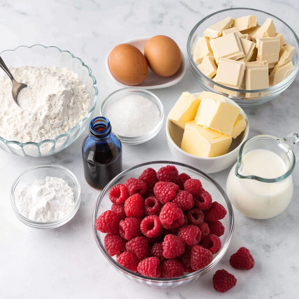 Fresh ingredients for white chocolate raspberry cake including raspberries, white chocolate, flour, eggs, butter, sugar, milk, and vanilla extract arranged on a marble surface.