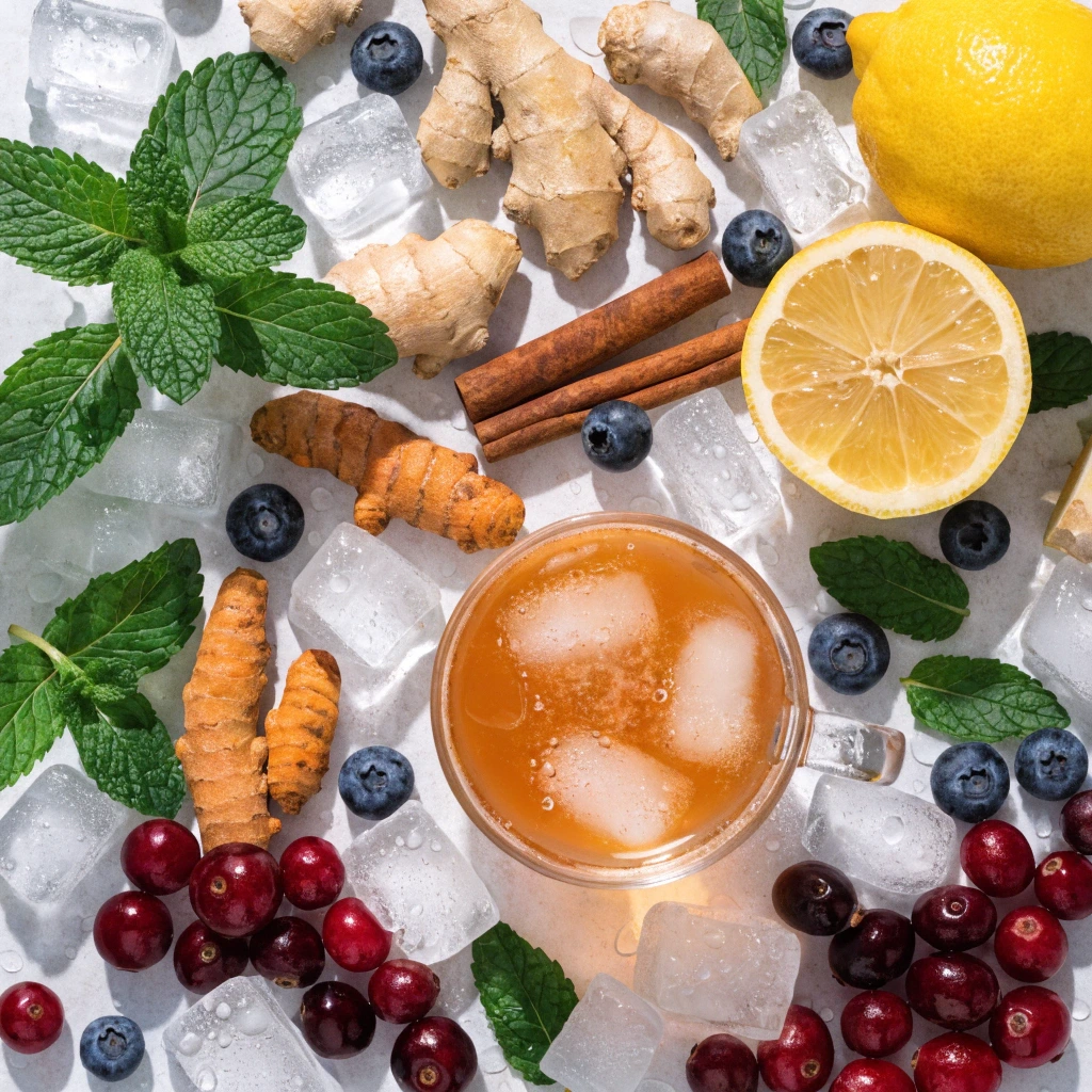 Flat lay of detox drink ingredients including lemon, ginger, turmeric, mint, berries, and cinnamon on a white background