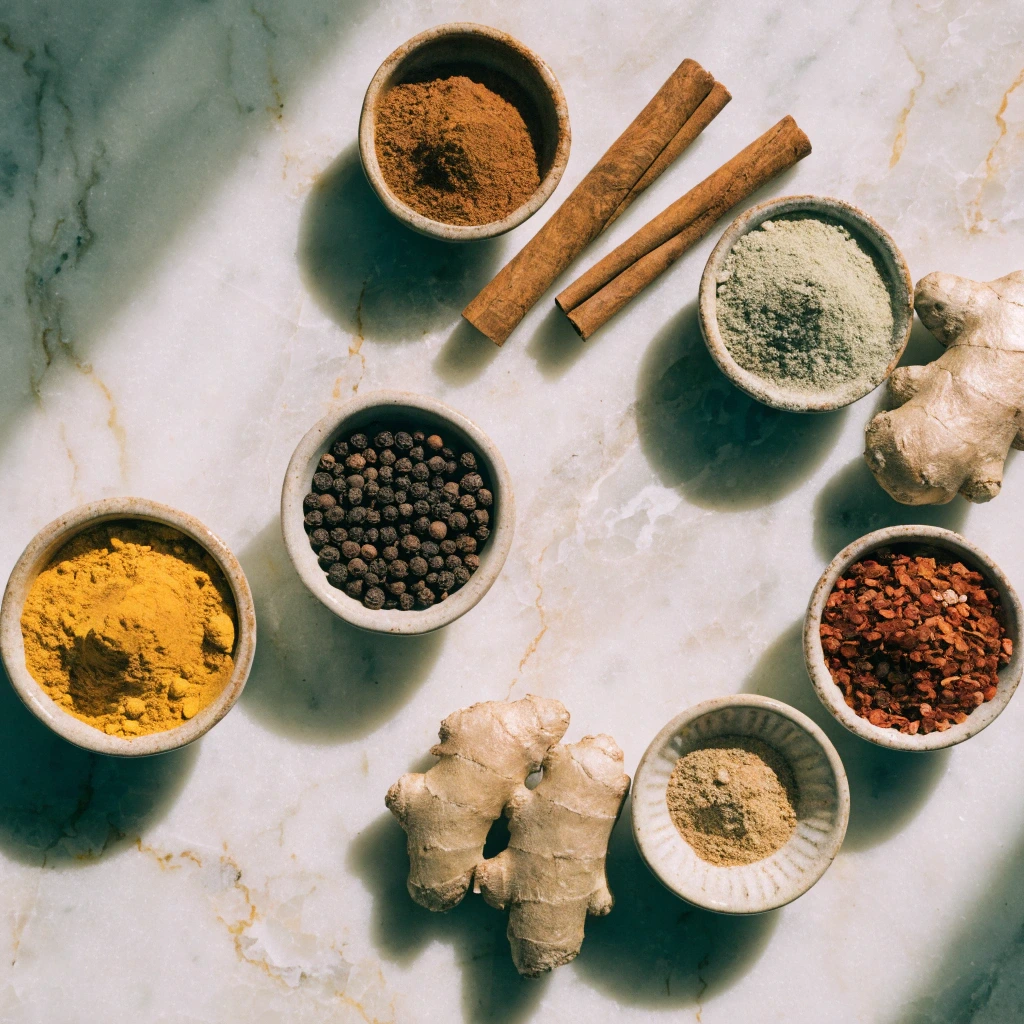 Organic brain health spices including turmeric, cinnamon, ginger, black pepper, and cayenne arranged in ceramic bowls on a marble background.