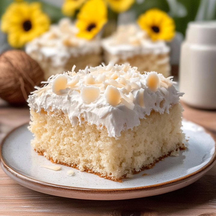 Soft coconut cream cake slice topped with fluffy whipped frosting and coconut flakes on a plate