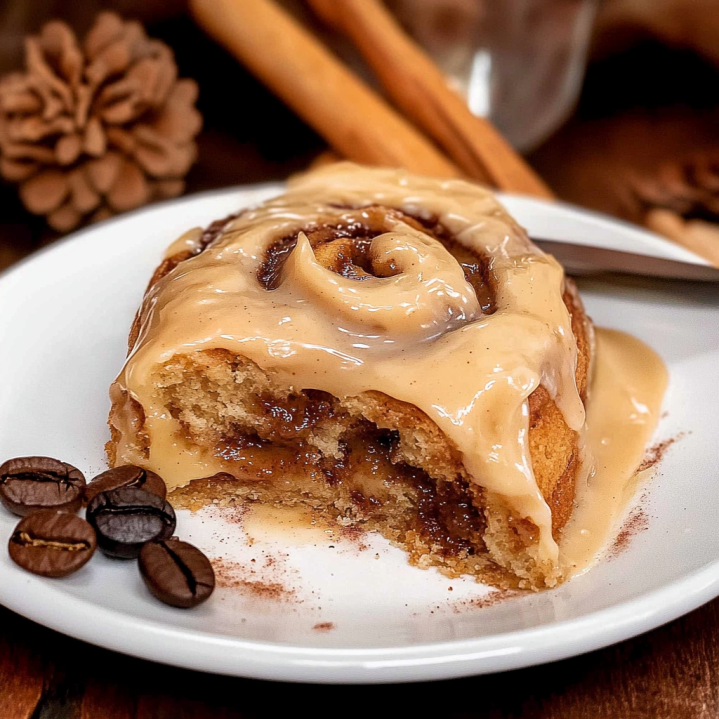 coffee cinnamon rolls topped with creamy espresso frosting and rich cinnamon swirls.