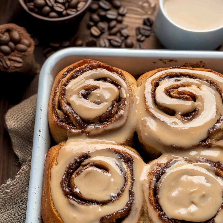 baked coffee cinnamon rolls topped with creamy espresso frosting
