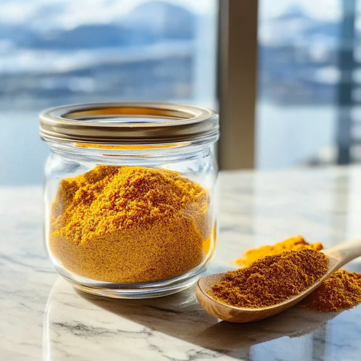 Glass jar filled with homemade dementia prevention spice blend beside a wooden spoon with turmeric and cinnamon spice mix on a marble countertop.