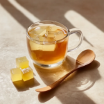 Warm Dr. Gupta gelatin recipe served in a glass mug with homemade gelatin cubes and a wooden spoon on a sunlit table