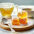 Golden horse gelatin trick cubes served on a wooden plate beside a warm herbal tea drink
