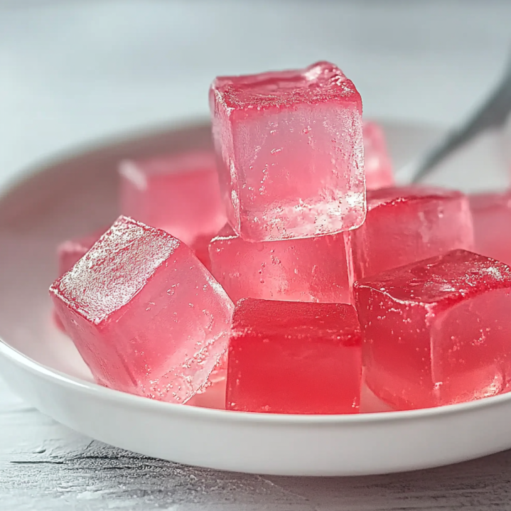 Close-up of Pink Gelatin Trick Recipe cubes stacked on a white plate with a glossy texture and soft natural lighting.