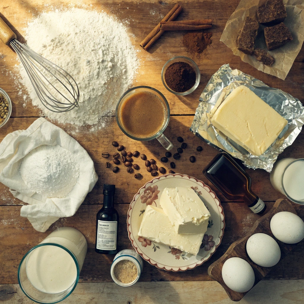 ingredients for homemade coffee cinnamon rolls including flour, butter, eggs, coffee, cinnamon, cream cheese, milk, and brown sugar on a rustic wooden table.