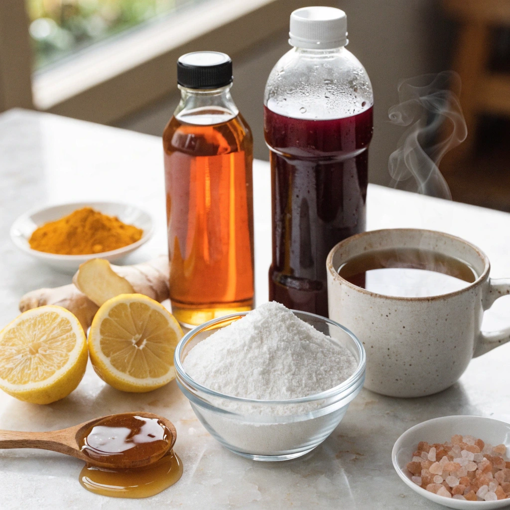 Ingredients for the Dr. Gupta gelatin recipe including unflavored gelatin, lemon, honey, herbal tea, turmeric, ginger, and tart cherry juice