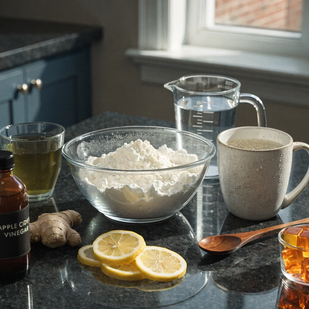 Unflavored gelatin powder with lemon, ginger, warm water, apple cider vinegar, and gelatin cubes on a kitchen counter