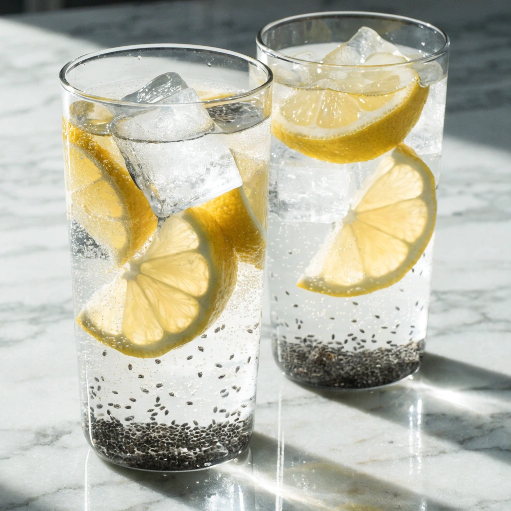 Two glasses of sparkling Chia Seeds for Weight Loss countertop in natural sunlight.