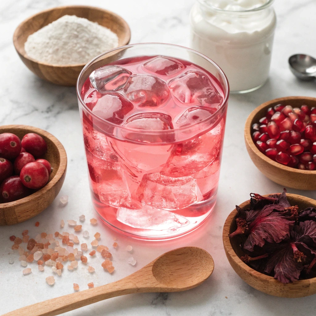 Glass of pink gelatin drink with cranberries, hibiscus flowers, gelatin powder, yogurt, and pink Himalayan salt on marble table