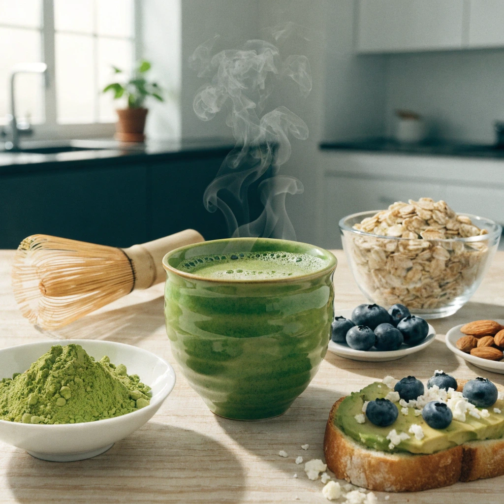 Steaming cup of ceremonial matcha tea with avocado toast, blueberries, oats, almonds, and bamboo whisk in a bright modern kitchen