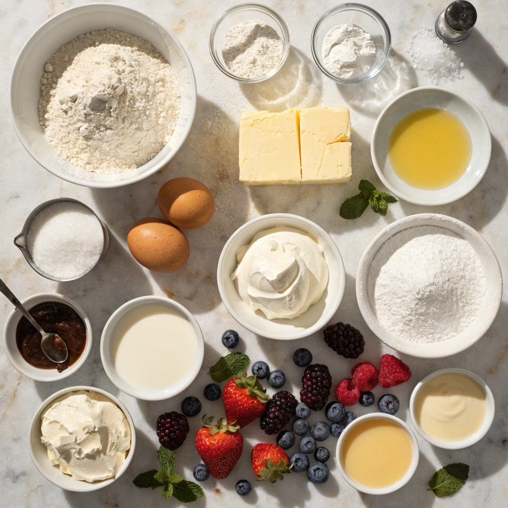 Fresh ingredients for a berries and cream cake recipe including flour, butter, eggs, mascarpone, whipped cream, milk, vanilla, strawberries, blueberries, raspberries, and blackberries.