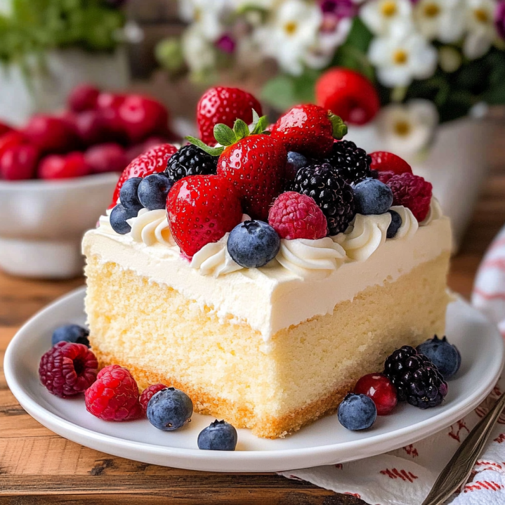 Berries and cream cake with vanilla sponge layers, whipped cream frosting, and fresh strawberries, blueberries