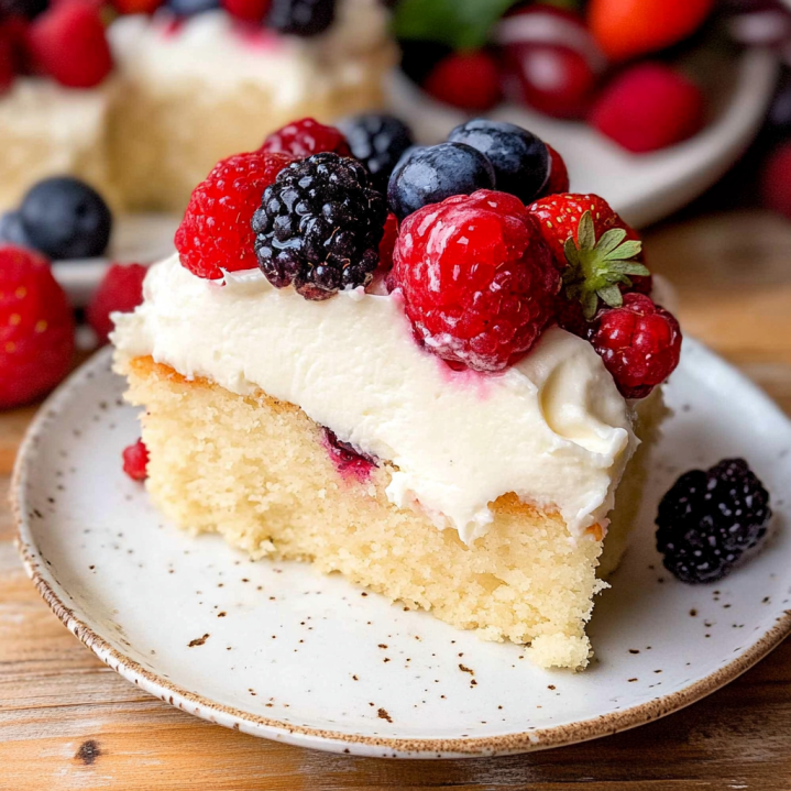 Berries and cream cake with vanilla sponge layers, whipped cream frosting, and fresh strawberries, blueberries