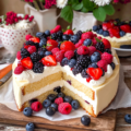 Berries and cream cake with vanilla sponge layers, whipped cream frosting, and fresh strawberries, blueberries, raspberries, and blackberries.