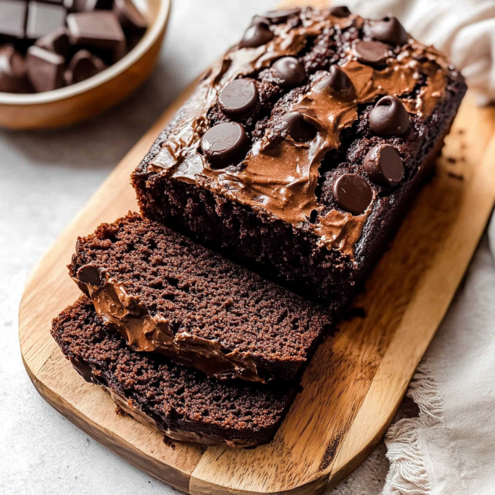 double chocolate banana bread topped with chocolate chips and sliced on a wooden serving board.