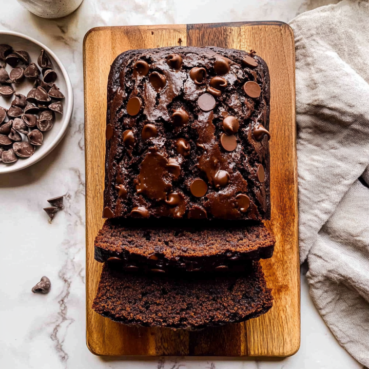 Ultra moist double chocolate banana bread topped with chocolate chips and sliced on a wooden serving board.