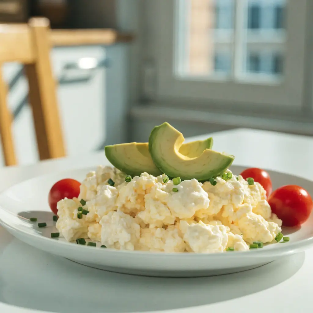 Fluffy cottage cheese scrambled eggs topped with avocado slices and chives, served with cherry tomatoes on a white plate.