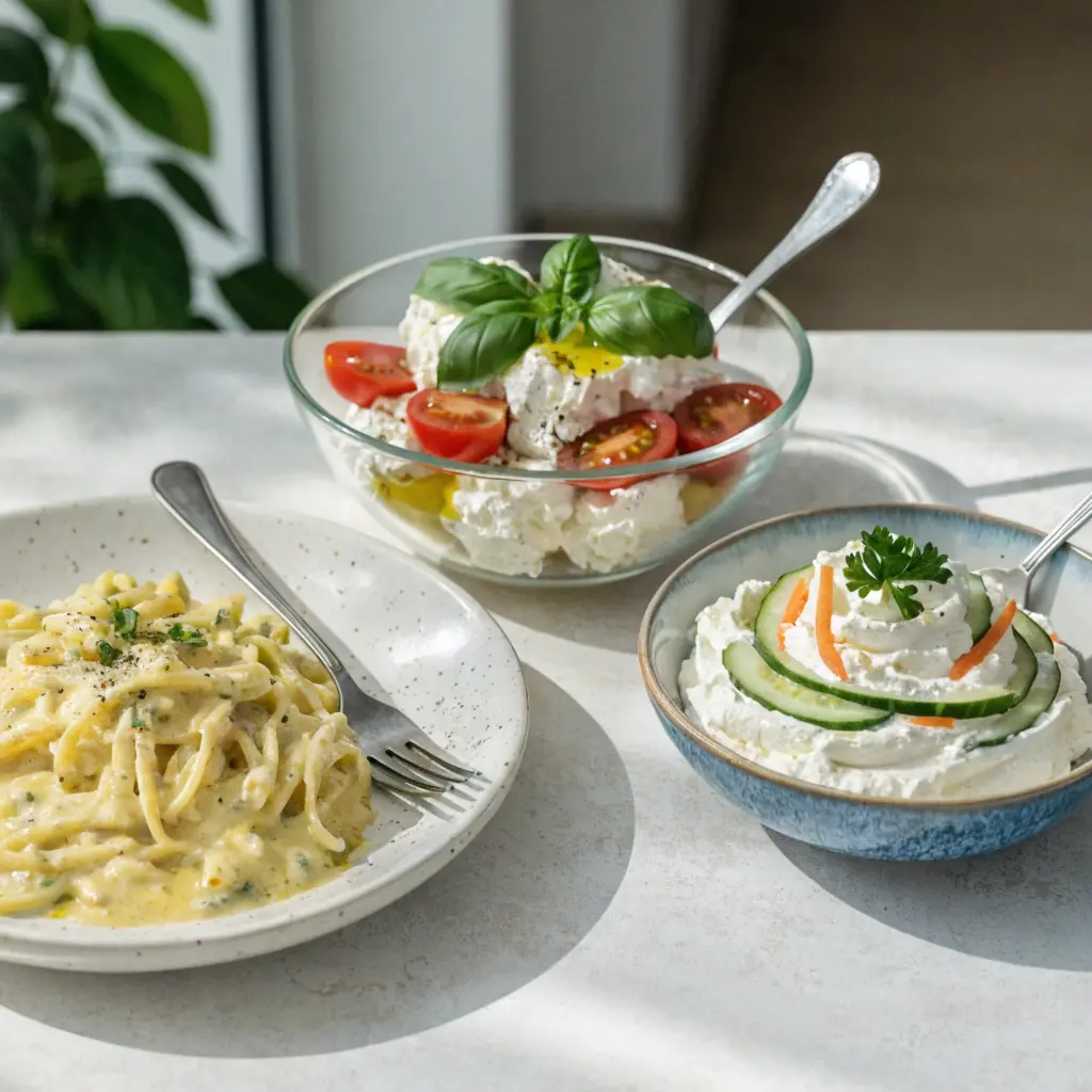 Three healthy cottage cheese meals: creamy pasta, Caprese cottage cheese bowl with tomatoes and basil, and whipped cottage cheese dip with cucumber.