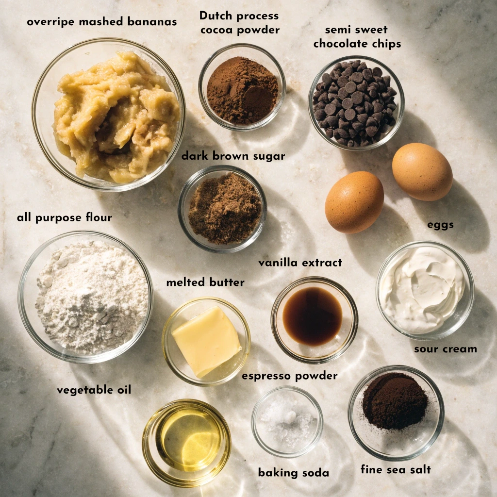 Measured ingredients for double chocolate banana bread including mashed bananas, Dutch process cocoa powder, chocolate chips, flour, eggs, sour cream, butter, oil, brown sugar, vanilla extract, espresso powder, baking soda, and sea salt.